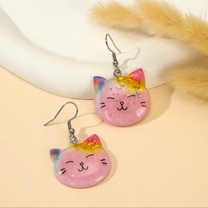 💜New Pink and Sparkly Kawaii Cat Earrings with silver fish hook for dangling